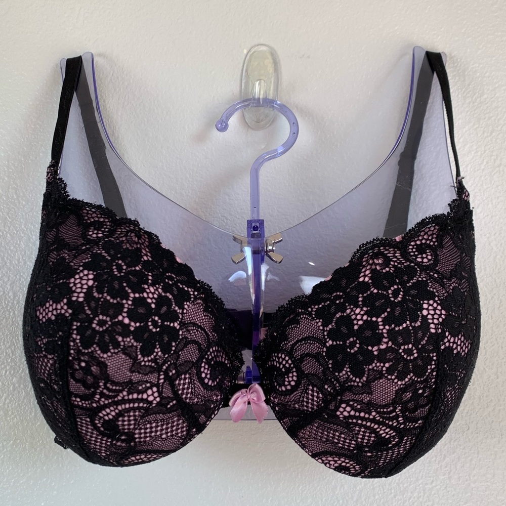 VS Angels Pink Black Lace Overlay Bra Size 34D